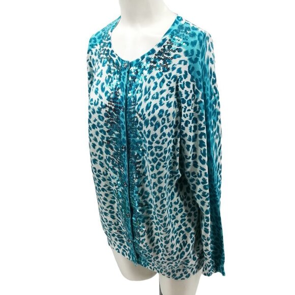 Quacker Factory Blue Leopard Print Sequin Lightweight Cardigan Sweater Size S - Picture 8 of 12